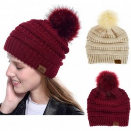 Skullies & Beanies Women Pompom Beanie 2 Pack- Knit Ski Cap Winter Chunky Baggy Hat with Faux Fur Bobble (Ivory + Red) - C618...