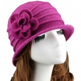 Skullies & Beanies Women 100% Wool Felt Round Top Cloche Hat Fedoras Trilby with Bow Flower - A4 Fuschia - C9185ADLSII $20.42