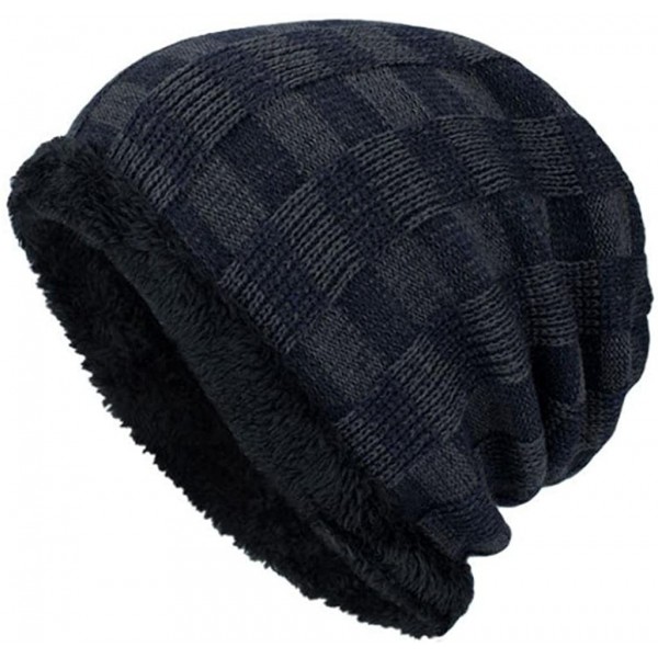 Skullies & Beanies Men Fashion Winter Plaid Knit Beanie Hats Wool Knit Warm Hat Ski Caps - Navy - CN188NXA3D2 $11.41