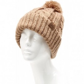 Skullies & Beanies Winter Oversized Cable Knitted Pom Pom Beanie Hat with Fleece Lining. - Khaki - CP186MM29DN $12.51