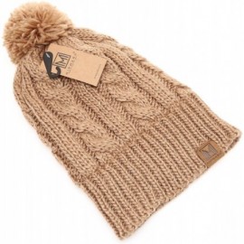 Skullies & Beanies Winter Oversized Cable Knitted Pom Pom Beanie Hat with Fleece Lining. - Khaki - CP186MM29DN $12.51