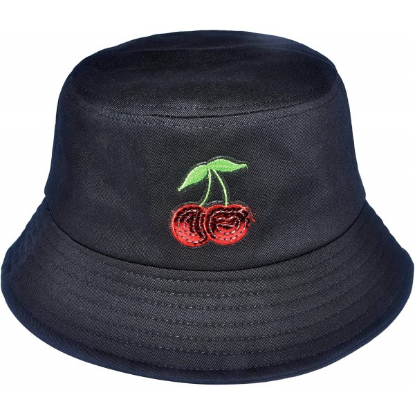 Bucket Hats Unisex Fashion Embroidered Bucket Hat Summer Fisherman Cap for Men Women - Cherry Black - C718SNHLW00 $10.96