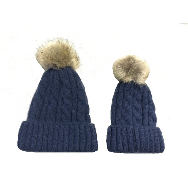 Skullies & Beanies 2PCS Parent-Child Hat Winter Warm Soft Knit Hat Beanie Ski Cap with Removable Pom Pom - Navy Blue - CR18SZ...