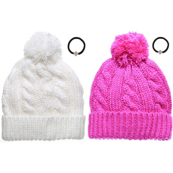 Skullies & Beanies Women's Thick Oversized Cable Knitted Fleece Lined Pom Pom Beanie Hat with Hair Tie. - 1 White&1 Hot Pink ...