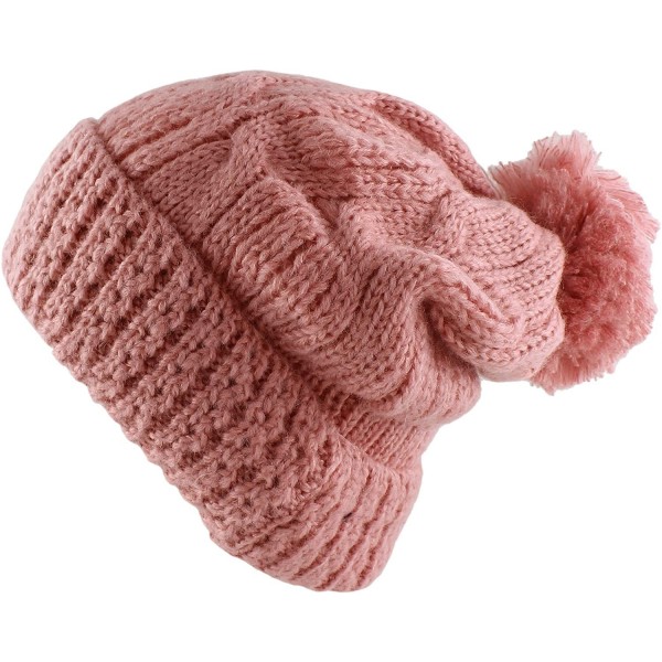 Skullies & Beanies Thick Crochet Knit Pom Pom Beanie Winter Ski Hat - Pink - C7127R5RM5X $17.92