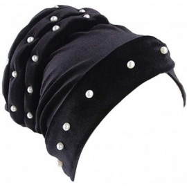 Skullies & Beanies Women Velvet Turban Hat Indian Cap Flower Slouchy Beanie Stretch Chemo Headwrap - Ka Beads Black - CH18YH5...