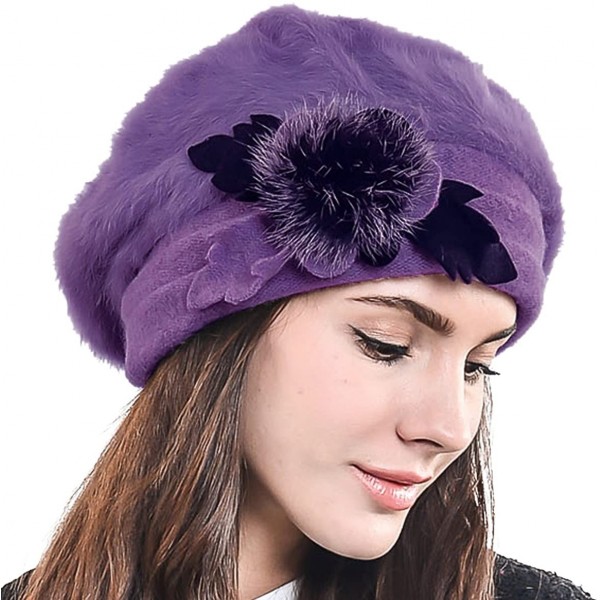 Bucket Hats Women's Elegant Flower Wool Cloche Bucket Ridgy Bowler Hat 09-co20 - Angora Beret-purple - CU1205ED5VN $22.60