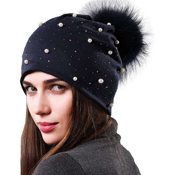 Skullies & Beanies Womens Slouchy Beanie Hat with Real Raccoon Fur Pompom Cotton Pearls Winter Fall Hat - Navy 1 - CT1927MMO6...