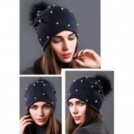 Skullies & Beanies Womens Slouchy Beanie Hat with Real Raccoon Fur Pompom Cotton Pearls Winter Fall Hat - Navy 1 - CT1927MMO6...