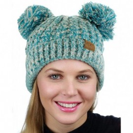 Skullies & Beanies 2 Ear Pom Pom Cable Knit Soft Stretch Cuff Skully Beanie Hat - 2 Tone Teal - CT18AUT7S4D $14.03