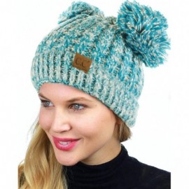 Skullies & Beanies 2 Ear Pom Pom Cable Knit Soft Stretch Cuff Skully Beanie Hat - 2 Tone Teal - CT18AUT7S4D $14.03
