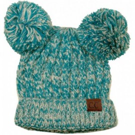 Skullies & Beanies 2 Ear Pom Pom Cable Knit Soft Stretch Cuff Skully Beanie Hat - 2 Tone Teal - CT18AUT7S4D $14.03