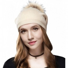 Skullies & Beanies Women Beanie Caps Knit Wool Winter Fur Pom Pom Hat Ski Hats Girls Classic Solid Color Hats - Beige - C918I...