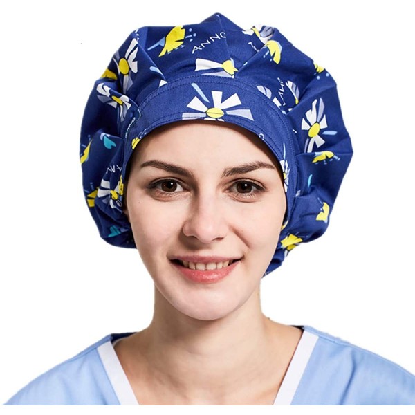 Skullies & Beanies 1pc Women's Bouffant Work Cap for Long Hair Ladies - Navy Dandelion - CV194IZW877 $16.67