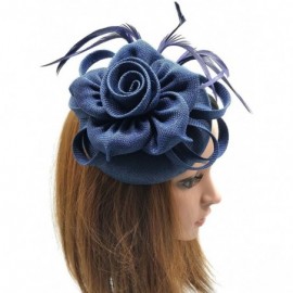 Berets Womens Fascinator Hat Sinamay Pillbox Flower Feather Tea Party Derby Wedding Headwear - Navy Blue - CC18NE0CK9O $11.10