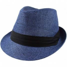 Fedoras Summer Fedora Panama Straw Hats with Black Band - Navy - CE182LREUQH $12.51