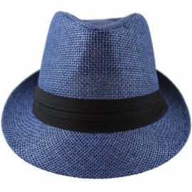 Fedoras Summer Fedora Panama Straw Hats with Black Band - Navy - CE182LREUQH $12.51