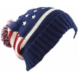 Skullies & Beanies Women Men American Flag Cuffed Knit USA Flag Patriotic Beanie with Pom Pom Winter Hat - Navy - CJ187OC5EME...