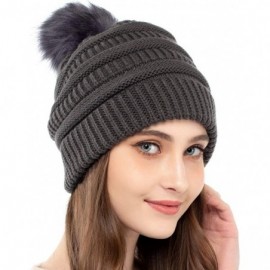 Skullies & Beanies Beanie Hats Women Pom Pom Slouchy Knit Skull Cap Winter Warm Hair Accessories - Dark Grey With Pompom - CQ...