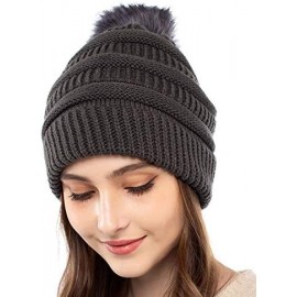 Skullies & Beanies Beanie Hats Women Pom Pom Slouchy Knit Skull Cap Winter Warm Hair Accessories - Dark Grey With Pompom - CQ...