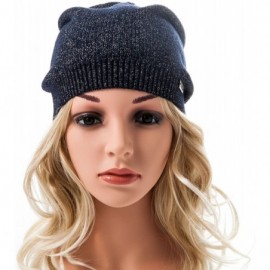 Skullies & Beanies Unique Silver Threads Knit Hats Angora Slouchy Beanie for Women Winter Skull Caps Big Head - Blue/Silver -...