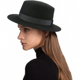Fedoras Boater Hat Women Wool Felt Flat Top Hat Party Church Bowknot Derby Trilby Hats- Black- 57CM/22.44" - CF182YGWEZT $34.26