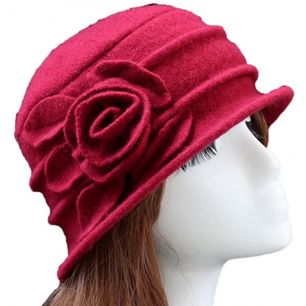 Skullies & Beanies Women 100% Wool Felt Round Top Cloche Hat Fedoras Trilby with Bow Flower - A2 Dark Red - CI185AHTDNI $13.17