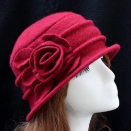 Skullies & Beanies Women 100% Wool Felt Round Top Cloche Hat Fedoras Trilby with Bow Flower - A2 Dark Red - CI185AHTDNI $33.14