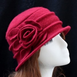 Skullies & Beanies Women 100% Wool Felt Round Top Cloche Hat Fedoras Trilby with Bow Flower - A2 Dark Red - CI185AHTDNI $13.17