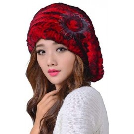Berets Women's Winter Rex Rabbit Fur Beret Hat with Fur Flower - Red - CA12NR6NBHJ $25.71