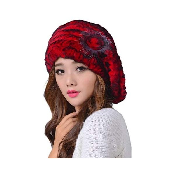 Berets Women's Winter Rex Rabbit Fur Beret Hat with Fur Flower - Red - CA12NR6NBHJ $25.71