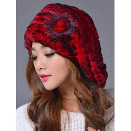 Berets Women's Winter Rex Rabbit Fur Beret Hat with Fur Flower - Red - CA12NR6NBHJ $25.71