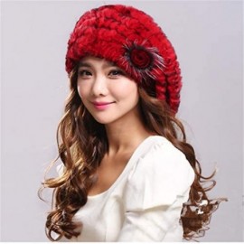 Berets Women's Winter Rex Rabbit Fur Beret Hat with Fur Flower - Red - CA12NR6NBHJ $25.71