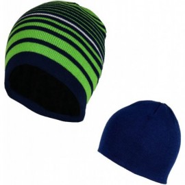 Skullies & Beanies 2 in 1 Reversible Striped & Solid Knit Beanie Hat - Winter Snug Fit Skull Cap - Green/Navy - C818649C6XE $...