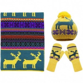 Skullies & Beanies Women Scarf & Glove Set- Knitted Snowflake Deer Detail & Matching Cap - Yellow - CG12629LMYR $19.13