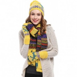 Skullies & Beanies Women Scarf & Glove Set- Knitted Snowflake Deer Detail & Matching Cap - Yellow - CG12629LMYR $19.13