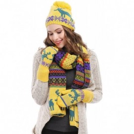 Skullies & Beanies Women Scarf & Glove Set- Knitted Snowflake Deer Detail & Matching Cap - Yellow - CG12629LMYR $19.13