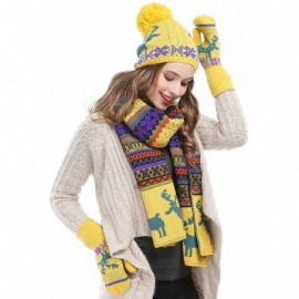 Skullies & Beanies Women Scarf & Glove Set- Knitted Snowflake Deer Detail & Matching Cap - Yellow - CG12629LMYR $19.13