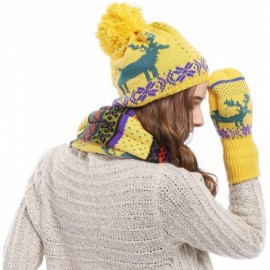 Skullies & Beanies Women Scarf & Glove Set- Knitted Snowflake Deer Detail & Matching Cap - Yellow - CG12629LMYR $19.13