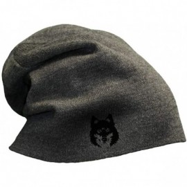 Skullies & Beanies Custom Slouchy Beanie Mean Wolf Face Black Embroidery Cotton - Dark Grey - C718A55A62U $14.38