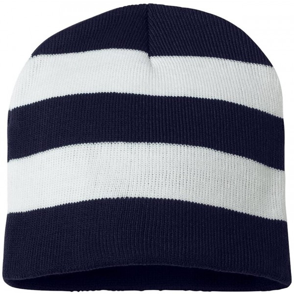 Skullies & Beanies SP01 - Rugby Striped Knit Beanie - Navy/ White - C311H66CB19 $11.95