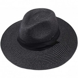 Sun Hats Women Wide Brim Straw Panama Roll up Summer Hat Fedora Beach Sun Hat Cap - Black a - CS18QNQHWGW $11.44