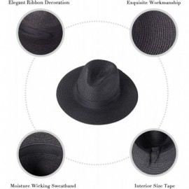 Sun Hats Women Wide Brim Straw Panama Roll up Summer Hat Fedora Beach Sun Hat Cap - Black a - CS18QNQHWGW $11.44