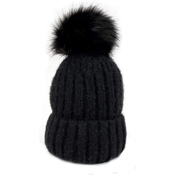 Skullies & Beanies Women's Soft Fuzzy Ribbed Beanie with Faux Fur Pompom Accent - Black - C918IDQHNC6 $9.23