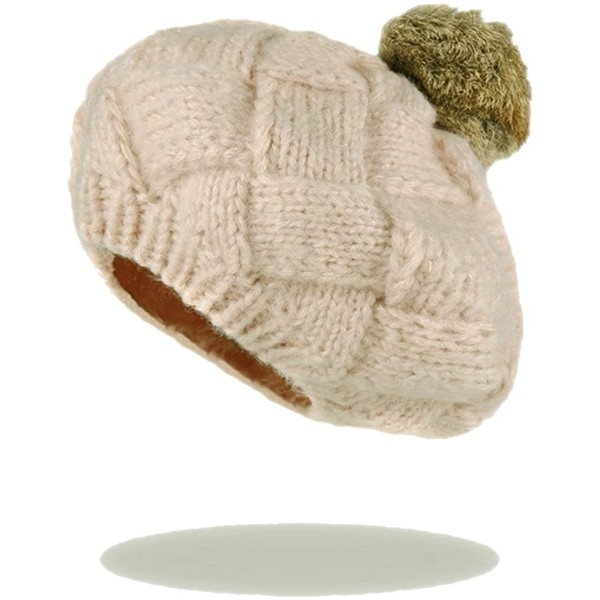 Skullies & Beanies Winter Women Knitted Wool Beret Hat with Fur Pom Pom Solid Cap Crochet Beanie with Fuzzy Ball Top - Beige ...