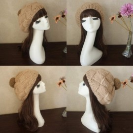 Skullies & Beanies Winter Women Knitted Wool Beret Hat with Fur Pom Pom Solid Cap Crochet Beanie with Fuzzy Ball Top - Beige ...