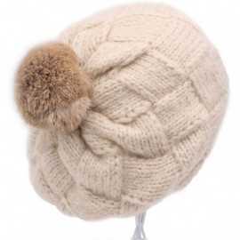 Skullies & Beanies Winter Women Knitted Wool Beret Hat with Fur Pom Pom Solid Cap Crochet Beanie with Fuzzy Ball Top - Beige ...