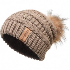 Skullies & Beanies Womens Winter Knit Beanie Hat Slouchy Warm Pom Pom Hat Faux Fur Caps for Women Ladies Girls - Khaki-khaki ...