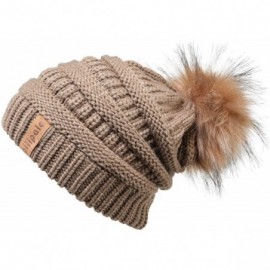Skullies & Beanies Womens Winter Knit Beanie Hat Slouchy Warm Pom Pom Hat Faux Fur Caps for Women Ladies Girls - Khaki-khaki ...