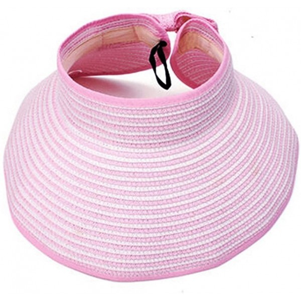 Visors Women Wide Brim Roll-up Striped/Ribbe Straw Sun Visor Packable Summer Beach Hat Bucket Pool Cap - Pink Stripe - C312O7...